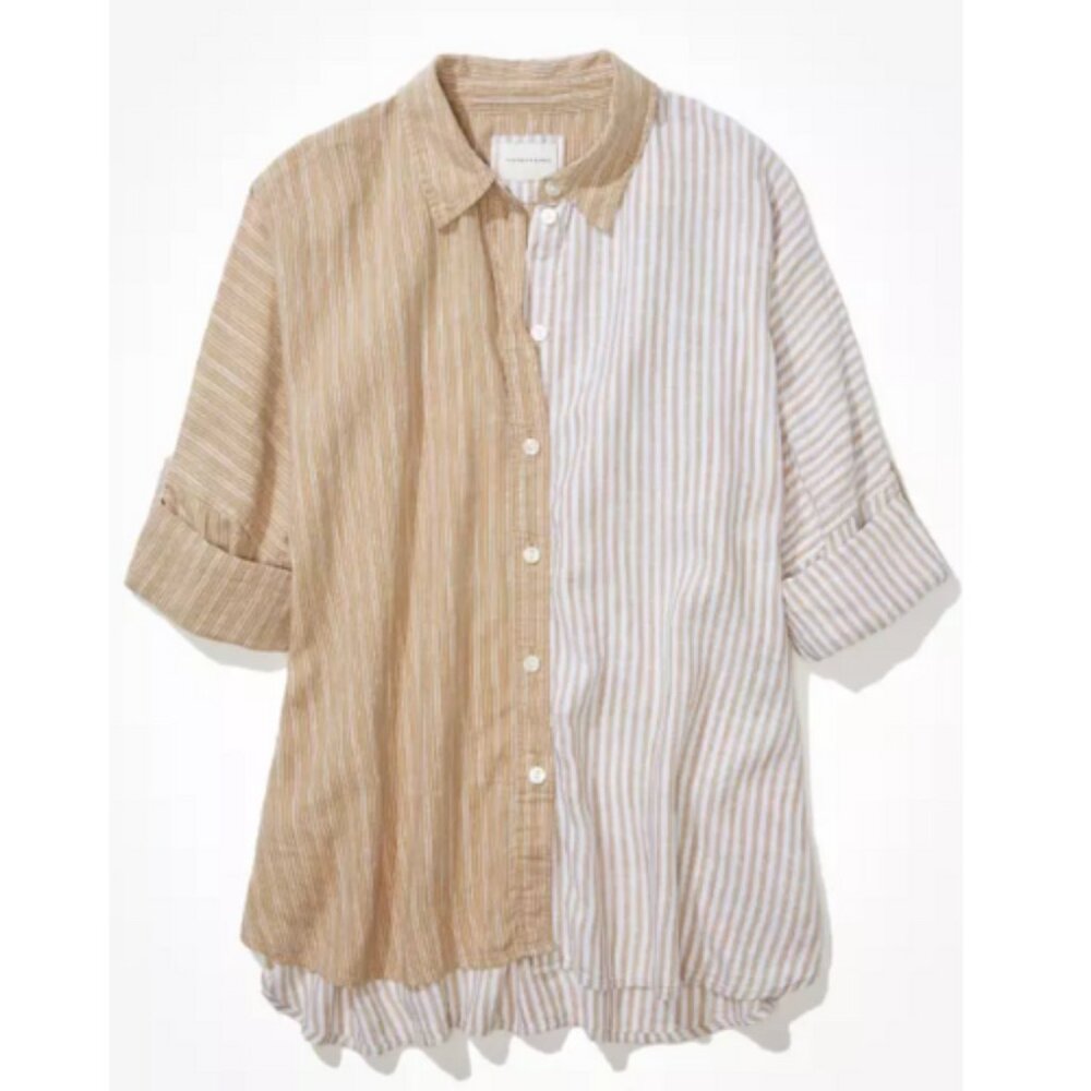 AE Tan Colorblocked Stripe Oversized Linen-Blend Button-Down Shirt, Medium (M)